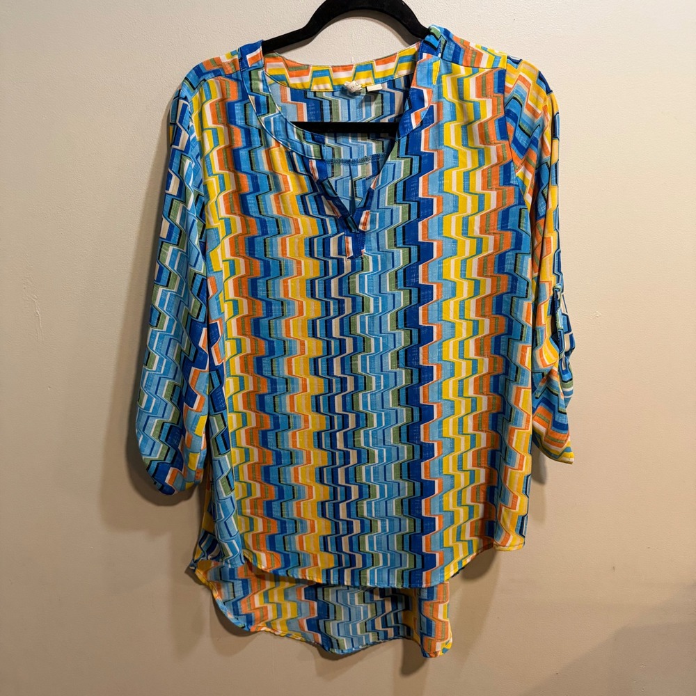 Cato Womens Large Blue Yellow Geometric Zigzag Roll Tab Sleeve High Low Tunic